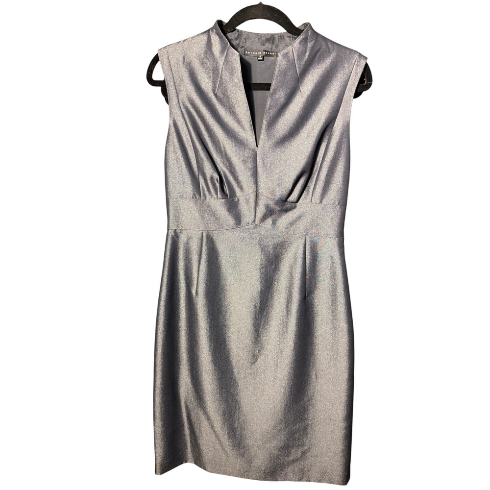 Antonio Melani Metallic Charcoal Grey Sleeveless V-Neck Sheath Dress Size 6